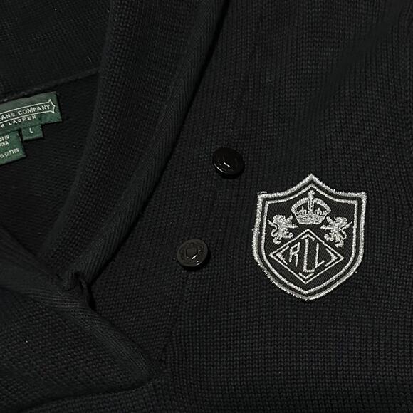 Lauren Jeans Co Shawl Collar Black Sweater Womens L Cotton Embroidered Crest - Picture 5 of 7